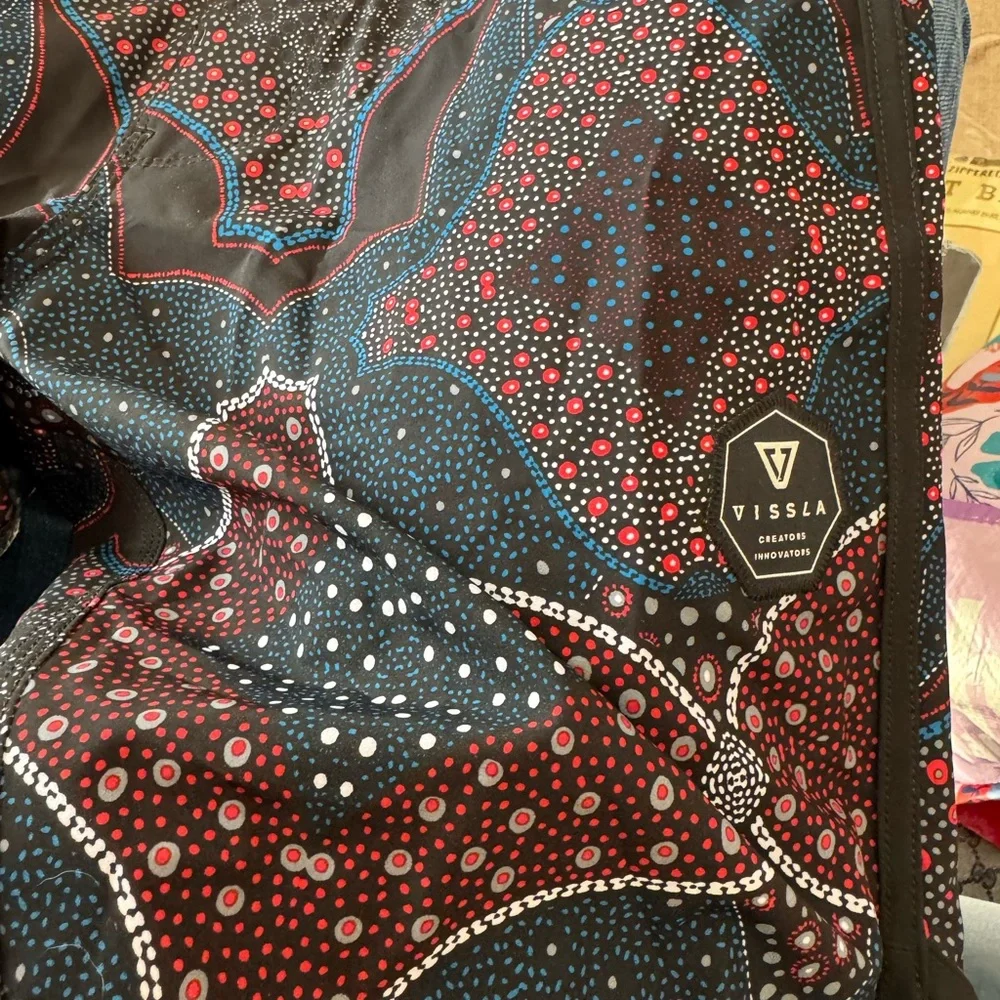 VISSLA Men's Swim Shorts - Black and Blue with Red Accents - Picture 5 of 7